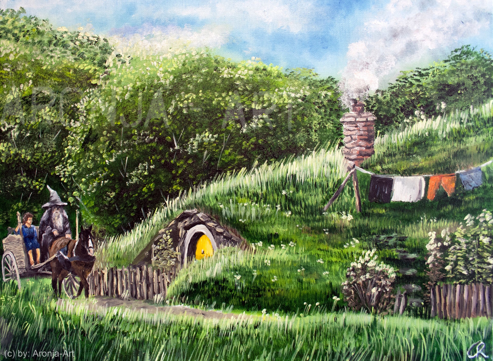 Hobbit-like house in a lush green landscape with a laundry line and horse-drawn cart.
